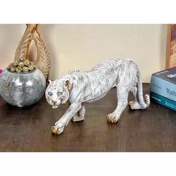 Tiger Statue for Home Decor | Handcrafted Decorative Showpiece for Living Room, Office, Tabletop | Animal Idol Gift Item | Ivory Finish