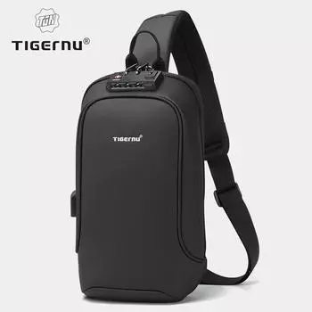 Tigernu модная мужская сумка через плечо высокого качества брызгозащищенная нагрудная сумка противоугонная USB-зарядка повседневная нагрудная сумка мужская сумка Model A with Code lock чёрный