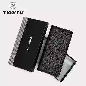 Tigernu Роскошный мужской кошелек из 100% натуральной кожи, мужской кошелек, длинный мужской тонкий кожаный мужской кошелек с держателем для карт, кошелек с карманом чёрный