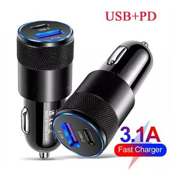 Тип C Usb 2 порта автомобильное зарядное устройство зарядное устройство для телефона 3a быстрая зарядка 12v 15w прикуриватель розетка для iPhone Samsung чёрный