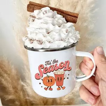 Tis The Season Enamel Mug Pumpkin Spice Fall Coffee Mug Cute Autumn Coffee Latte Cup Campers Gifts Ideas Cup Autumn Drinks 360ml