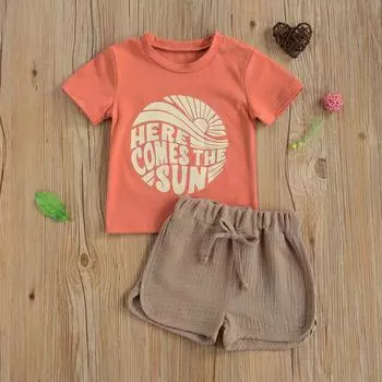 Toddler Baby Pattern Printing Two-pieces Set, Infant Boy s O-neck Short Sleeve Tops + High Waist Short Pants Set 6-12 Months хаки