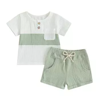 Toddler Boys Summer Shorts Sets Short Sleeve Contrast Color Tops and Solid Color Shorts Sets 6-12 Months зелёный