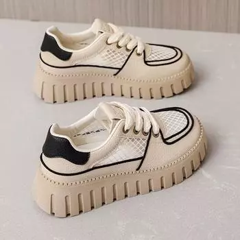Толстая подошва, увеличивающая рост, спортивная белая обувь, женская сетчатая обувь, новая сетчатая дышащая губчатая обувь для доски, тонкая версия 35 чёрный