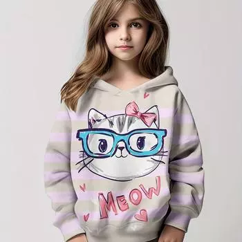 Толстовка с капюшоном Cat With Bow Graphic, универсальная, модная, с длинным рукавом, одежда для девочек 100