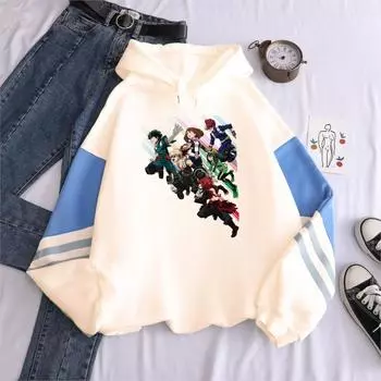 Толстовка с капюшоном My Hero Academia Harajuku в стиле пэчворк с принтом для мужчин, осенний повседневный пуловер в стиле японского аниме и хип-хопа, большие толстовки с капюшоном XS бежевый