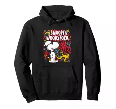 Толстовка с капюшоном Peanuts Floral Snoopy and Woodstock 70-х годов чёрный