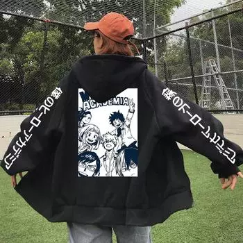 Толстовка с капюшоном с принтом Midoriya Izuku и Bakugou Katsuki в стиле аниме My Hero Academia для мужчин и женщин с капюшоном на молнии Куртка Harajuku на молнии XS чёрный