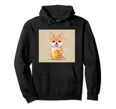 Толстовка с капюшоном Shiba Bubble Stuff Print Kawaii, Dog, Inu, Boba, Tea, Cute, чёрный