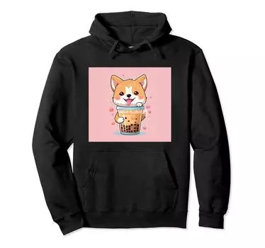 Толстовка с капюшоном Shiba Bubble Stuff Print Kawaii, Dog, Inu, Boba, Tea, Cute, чёрный