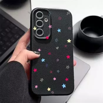 Тонкий чехол для телефона TPU с рисунком маленьких звезд для Samsung S25 Ultra S24 FE S23 S22 S21 A16 A56 A15 A55 A36 A35 с текстурой кожи, мягкий противоударный матовый чехол Samsung S25 чёрный