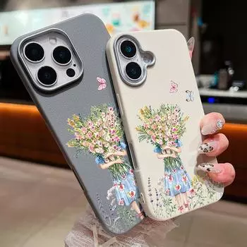 Тонкий чехол с цветочным принтом и текстурой из кожи для iPhone 16 Pro Max 15 Pro 14 13 12 11 TPU, мягкий противоударный матовый чехол для телефона iPhone 16 чёрный