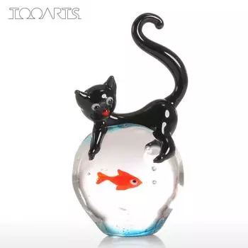 Tooarts Кот и Золотая рыбка Подарочный стеклянный орнамент Фигурка животного ручной работы Домашний декор Черный и красный