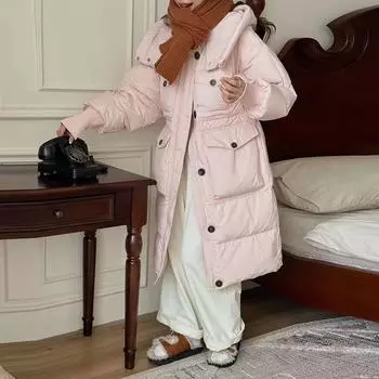 Tooling long down jacket women s 2024 winter new fashion hooded design sense four pockets warm over knee jacket S белый