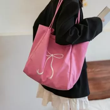 Tooxika Canvas Bag Large Capacity Bow Tote Bag Simple Student Class Bag