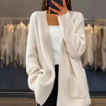 Tooxika Новый женский утолщенный однотонный вязаный кардиган на шнуровке со свободными карманами свитер куртка L верблюд