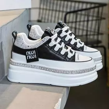 Top quality 7cm Genuine Leather Women Platform Wedge Autumn Spring Hidden Heels Women Vulcanized Bling Sneakers Casual Shoes 34