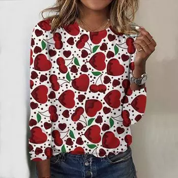 Топы для женщин Love&Cherry Print Round Neck Long Sleeve T Shirt Fall Casual Slim Pullover Women s Long Sleeve Top XS розовый