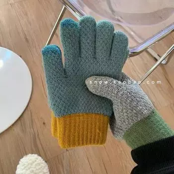 Touch Screen Gloves for Women In Winter Plus Velvet and Thickened Wool Knitted with Contrasting Colors Five-finger Cycling To Keep Warm, Windproof One size