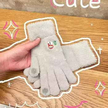 Touch Screen Warm Gloves for Women In Winter Plus Velvet and Thickened Cartoon Cute Five-fingered Student Cycling Woolen Wool One Size