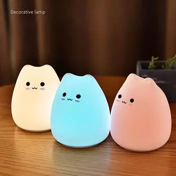 Сенсорный силиконовый ночник в виде кошки, светодиодная настольная лампа, пластиковая основа, декоративная настольная лампа на батарейках с цветными светодиодами белый