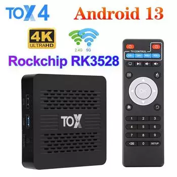 TOX4 Android 13 Smart TV Box 4 ГБ 32 ГБ с RK3528 Dual Wifi 1000M LAN BT5.0 Поддержка H.265 4K 60 кадров в секунду DLNA USB3.0 Медиаплеер Set Top Box 4G32G чёрный