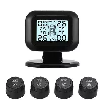 TPMS Система контроля давления в шинах Беспроводной ЖК-дисплей в реальном времени 4 внешних датчика Сигнализация чёрный