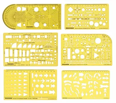 Traceease Engineering, Electrical & Arrow Multi-Pattern Template Инструменты для рисования трафаретов - набор из 6 Pack of 6 жёлтый