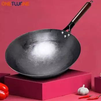Традиционный железный вок,Вок без покрытия,ручной ковки для кухонной сковороды,Вок с деревянной ручкой,кухонная газовая кастрюля,посуда
