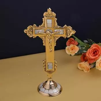 Traditional Stone Studded Orthodox Holy Cross Brass Jesus Christ Statue Catholic Crucifix for Home Church and Chapel Decoration Statue