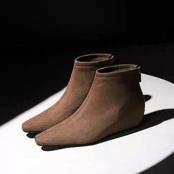 Ботильоны TRAF Brown Wedges Ankle Boots For Women Fashion Square Head Internal Height Increase Shoes 2024 Autumn Elegant Female Boots 36