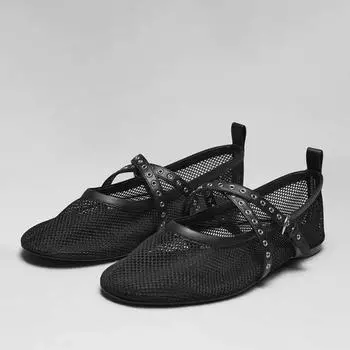 TRAF Woman Black Mesh Flat Boat Shoes Round Toe Peep Toe Breathable Sandals 2024 Autumn Comfortable Shallow Mouth Single Shoes 36