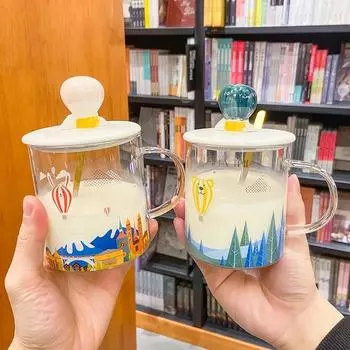 Transparent Hand Drawn Balloon Castle Glass Mug Coffee Cup Tea Cups and Mugs Funny Drinkware Kitchen Dining Bar Home Garden 450ml