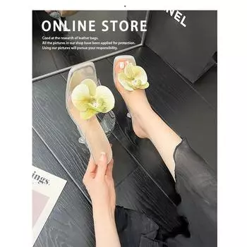 Transparent one-word cool slippers women s spring and summer new European and American square head thick heel high heel sandals ladies slippers 35