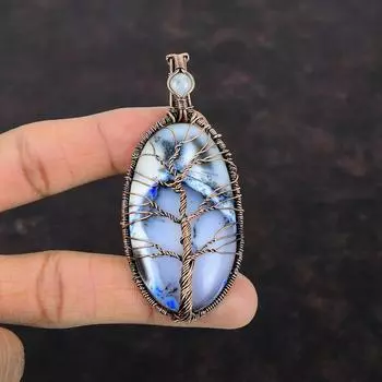 Tree Of Life Blue Dendrite Opal Pendant Copper Wire Wrapped Gemstone Pendant Rainbow Moonstone Copper Jewelry Handmade Pendant Gift For Mom