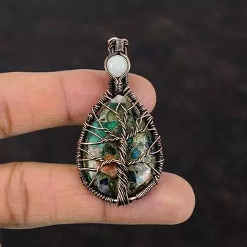 Tree Of Life Copper Multi Turquoise Pendant Rainbow Moonstone Pendant Copper Wire Wrapped Gemstone Pendant Copper Jewelry Pendant For Gift