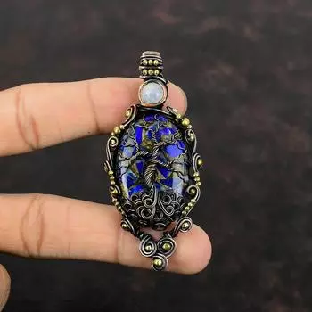 Tree Of Life Copper Sodalite Pendant Copper Wire Wrapped Pendant Rainbow Moonstone Gemstone Pendant Handmade Wire Wrap Jewelry Gift For Her