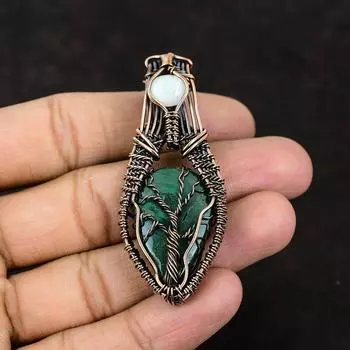 Tree Of Life Malachite Pendant Gemstone Pendant Copper Wire Wrapped Pendant Rainbow Moonstone Jewelry Designer Pendant Tree Of Life Jewelry
