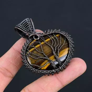 Tree Of Life Tiger s Eye Gemstone Handmade Copper Wire Wrap Jewelry Pendant For Wedding Gift 2.36 inches жёлтый
