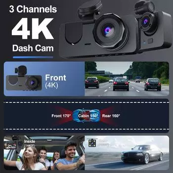 Трехканальный встроенный тахограф 4K Premium спереди и сзади, автомобильная камера Full HD с инфракрасным ночным видением, циклической записью, круглосуточным режимом парковки Y15-32G Card