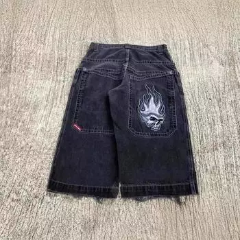 Трендовые шорты в американском стиле Y2K Hip hop Retro Skull Street Hip hop Мужские джинсы Gym Loose Jeans Спортивные шорты S чёрный