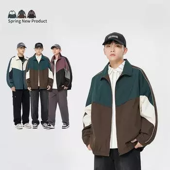 Trendy brand American retro contrasting color stitching stand-up collar jacket for men and women autumn new loose trendy couple casual jacket M