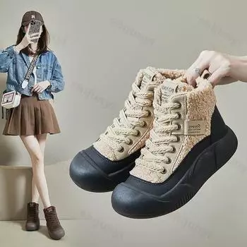 Trendy High-top Thick-soled Cotton Shoes Women s Fleece-lined Warm Winter Board Shoes Outdoor Cold Resistant Non-slip Snow Boots 38 хаки