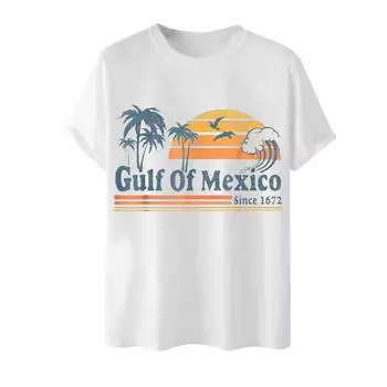 Trendy Summer Beach Printed Round Neck T-Shirt Vintage Beach Short Sleeve T Shirt S