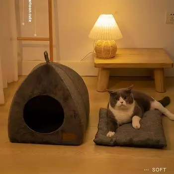 Треугольное кошачье гнездо Закрытый кошачий домик Гнездо для домашних животных Теплое и утолщенное глубокое кошачье гнездо для сна Внутреннее зимнее теплое глубокое кошачье гнездо для сна 28x28x30cm