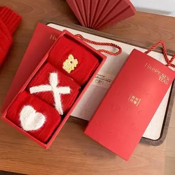 Три пары подарочных коробок, большие красные новогодние носки на Новый год, женские украшения Mori Bow, женские хлопковые носки, средние носки без пятки One Size