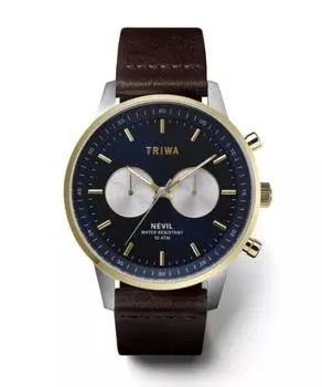 TRIWA Men s & Women s (Unisex) Chronograph Watch 15th Anniversary with Serial Number Japan Neville Navy x Brown Leather Belt Silver Gold Combination