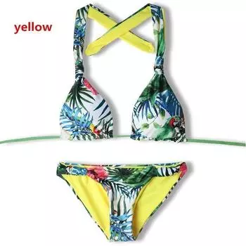 Tropical Set Bikini Green Leaf Printed Halter Swimsuit Low Brazilian Swimwear L