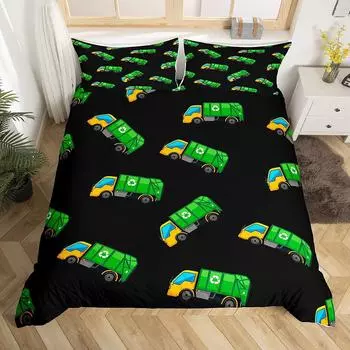 Truck Toy Comforter Cover, Green Powered Truck Duvet Cover Set with Pillowcase,Cartoon Bedding Decor Birthday Present, Full Size EU single(135x200cm)