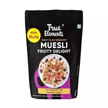 True Elements Muesli Fruit And Nuts 700G - Fruity Delight | 100% цельнозерновые хлопья для завтрака | Богаты клетчаткой | Мюсли с овсом и орехами
